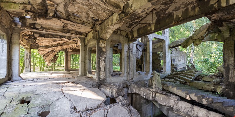 Inside the old destroyed military barracks ruins from the World War II at Westerplatte in Gdansk, Poland
